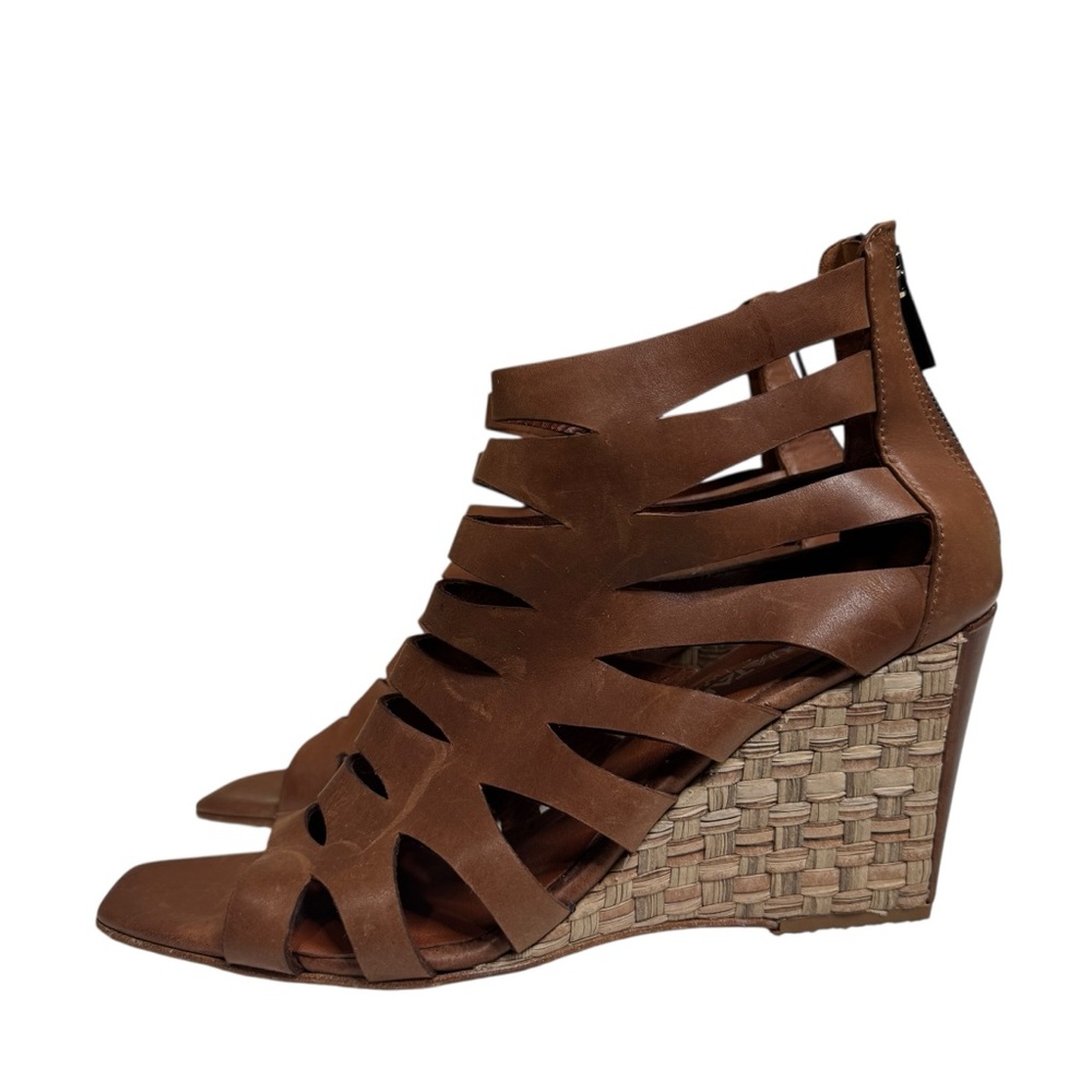 Aquatalia Brown‎ Leather Cage Woven Wedge Sandals Womens Size 9.5